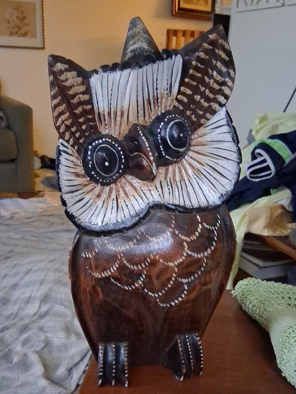 Handcarved Wooden Owl Figurine - Brown & White